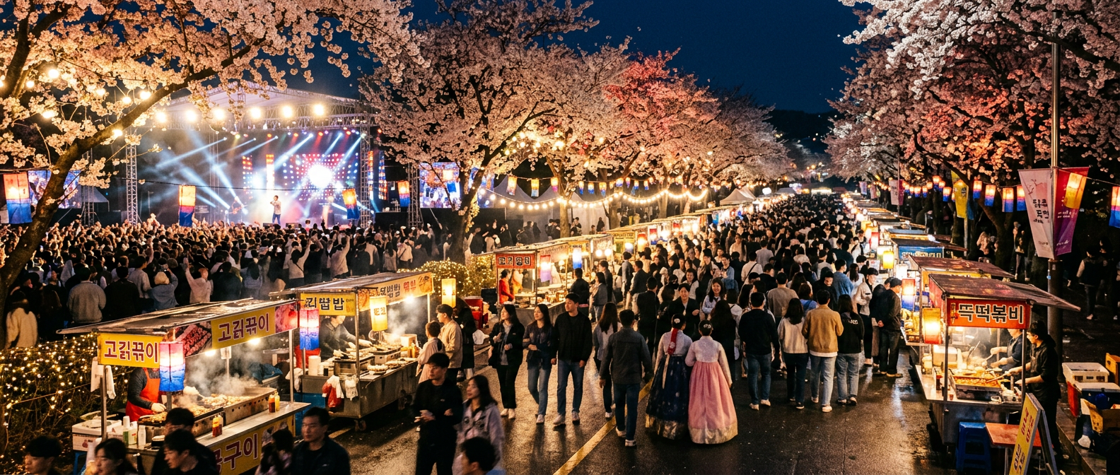 야간 벚꽃축제 라인업 공연과 푸드존이 어우러진 현장