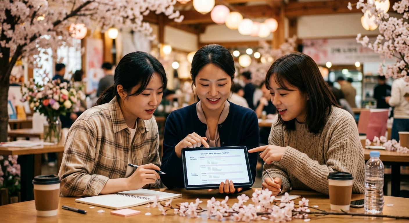 벚꽃축제 가수 섭외 일정을 검토하는 행사 기획 미팅