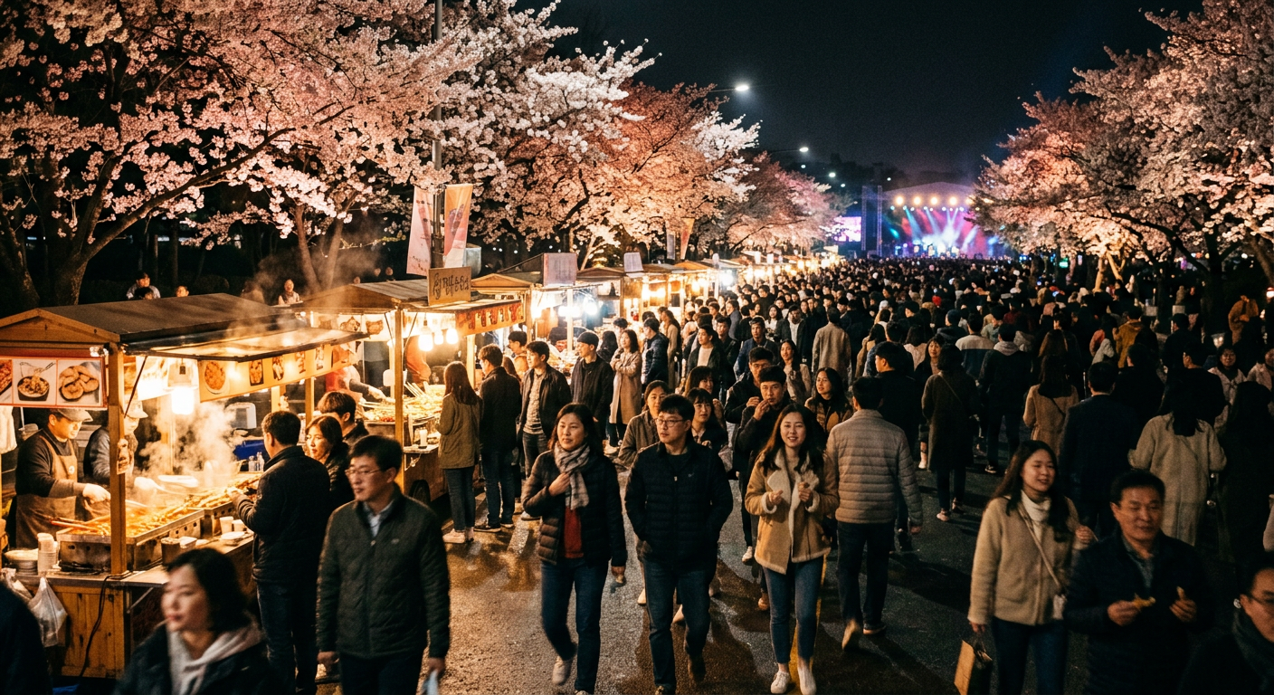 벚꽃축제 관객 동선과 야간 공연 분위기