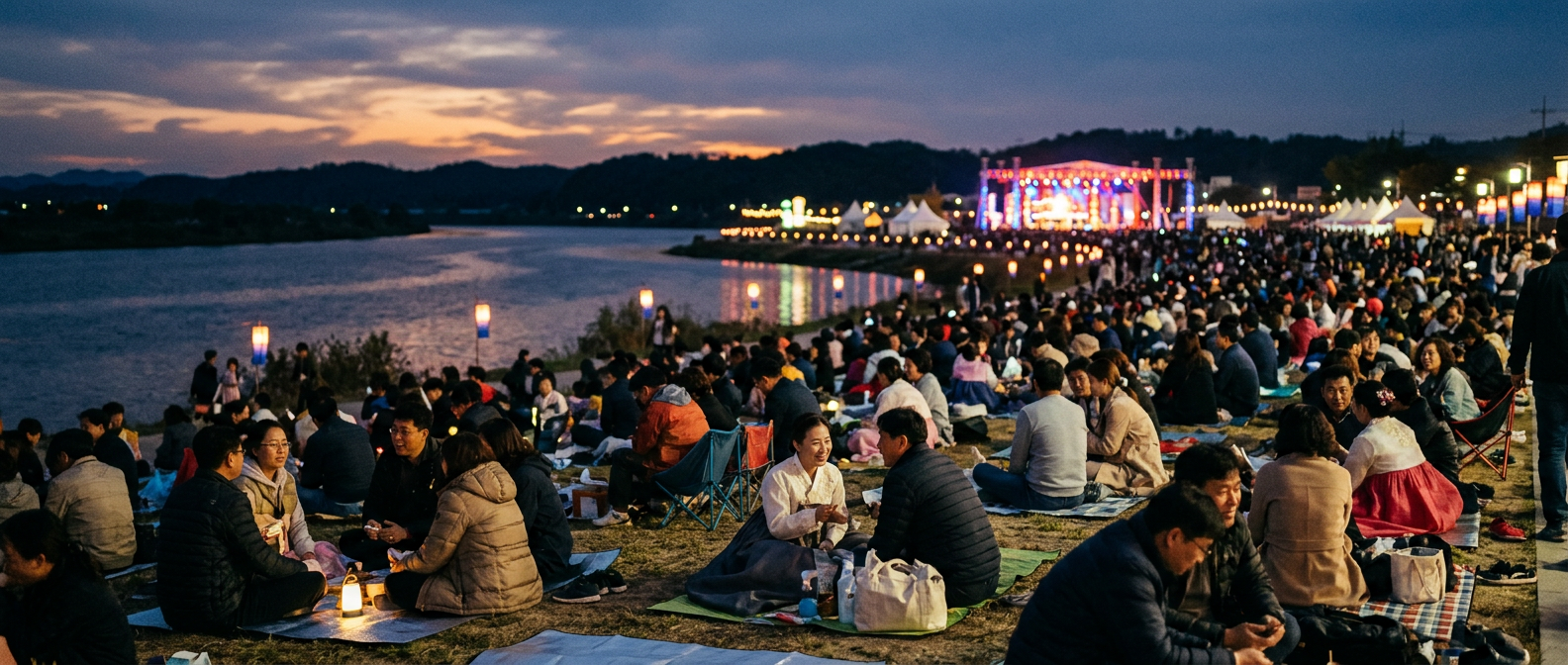 불꽃축제를 기다리는 지역축제 관객과 야외 무대