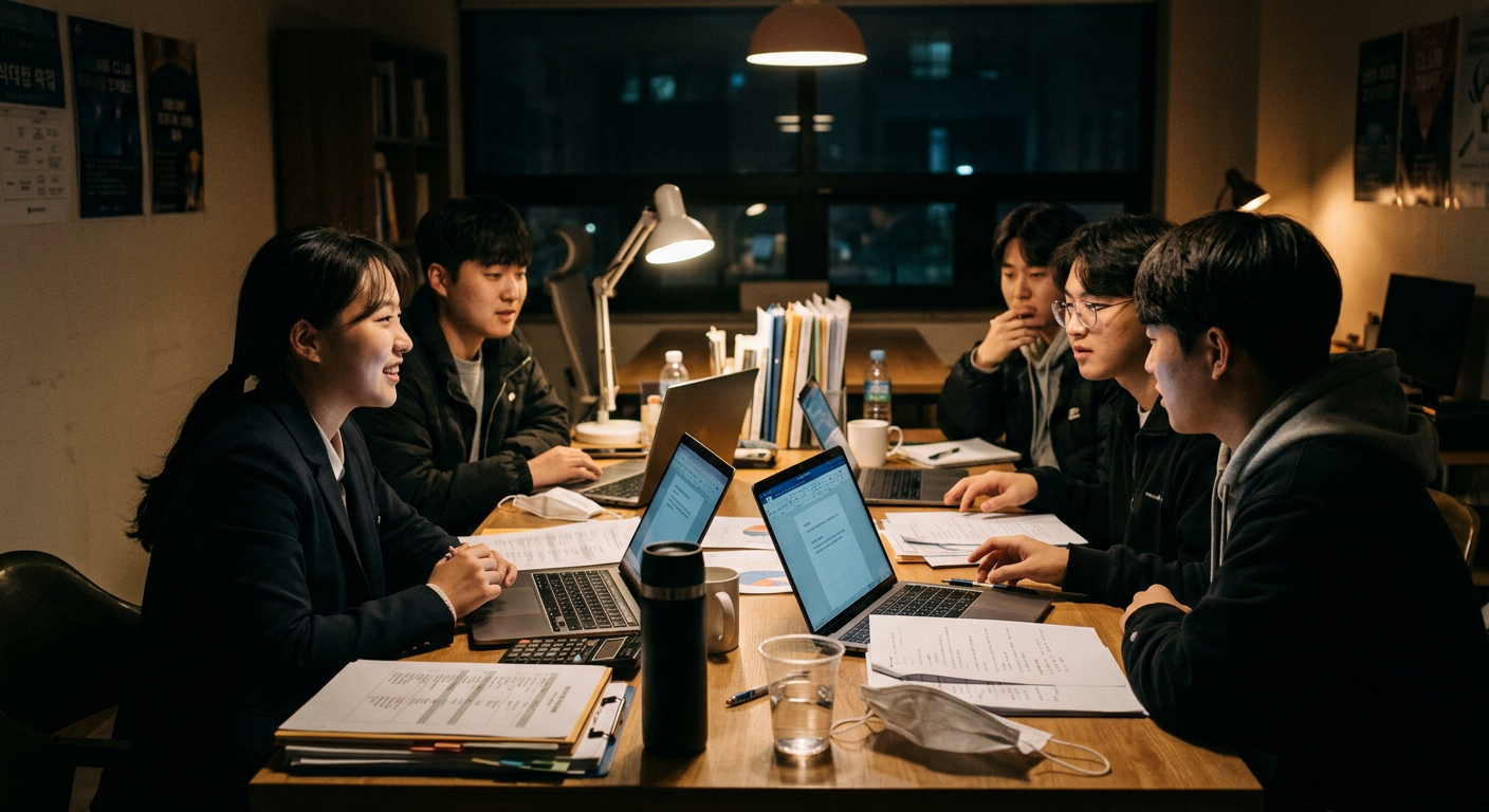 대학축제 가수 섭외를 준비하는 총학생회 회의 장면