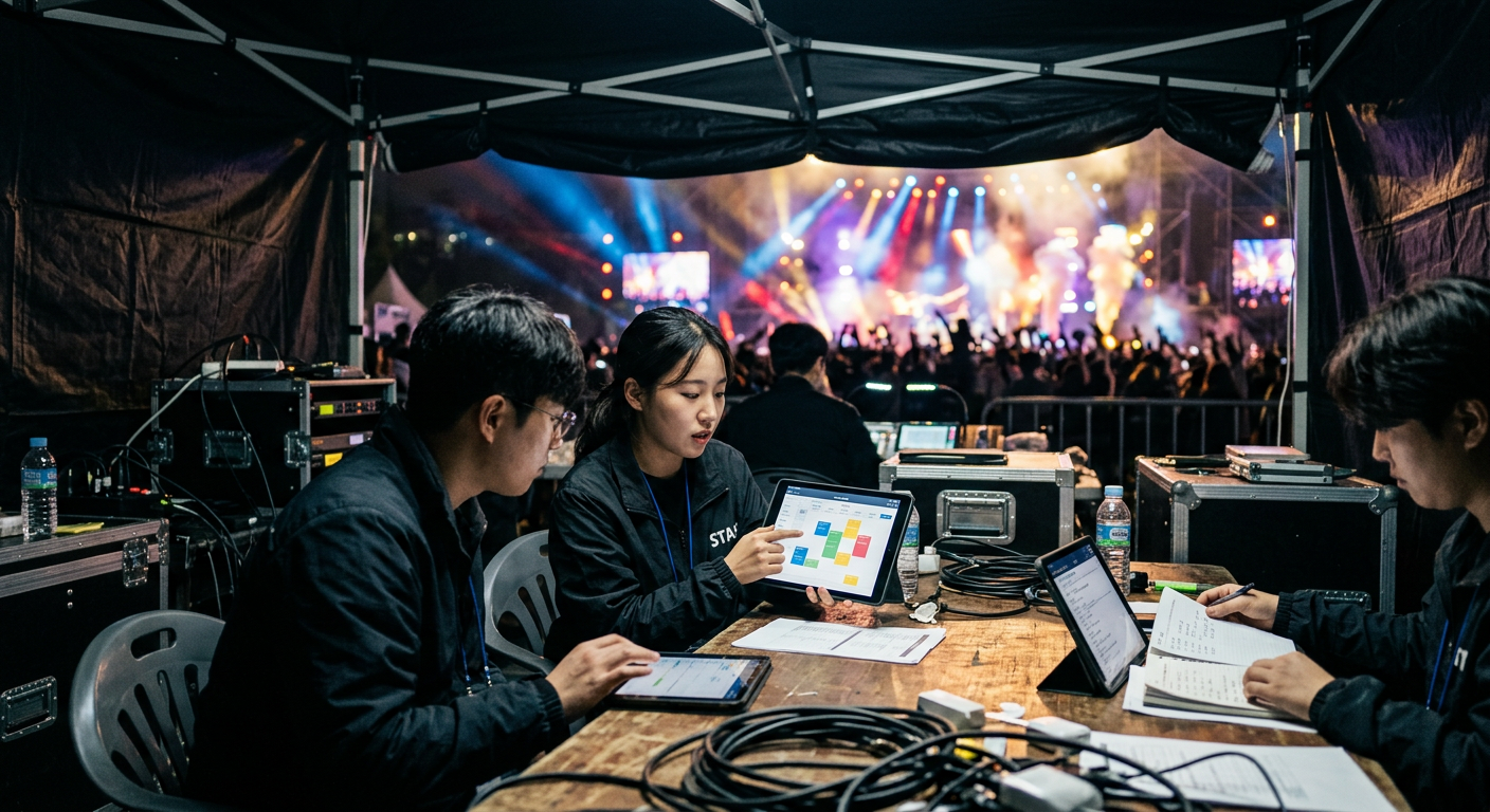 대학축제 라인업 시간표를 조율하는 현장 운영 회의