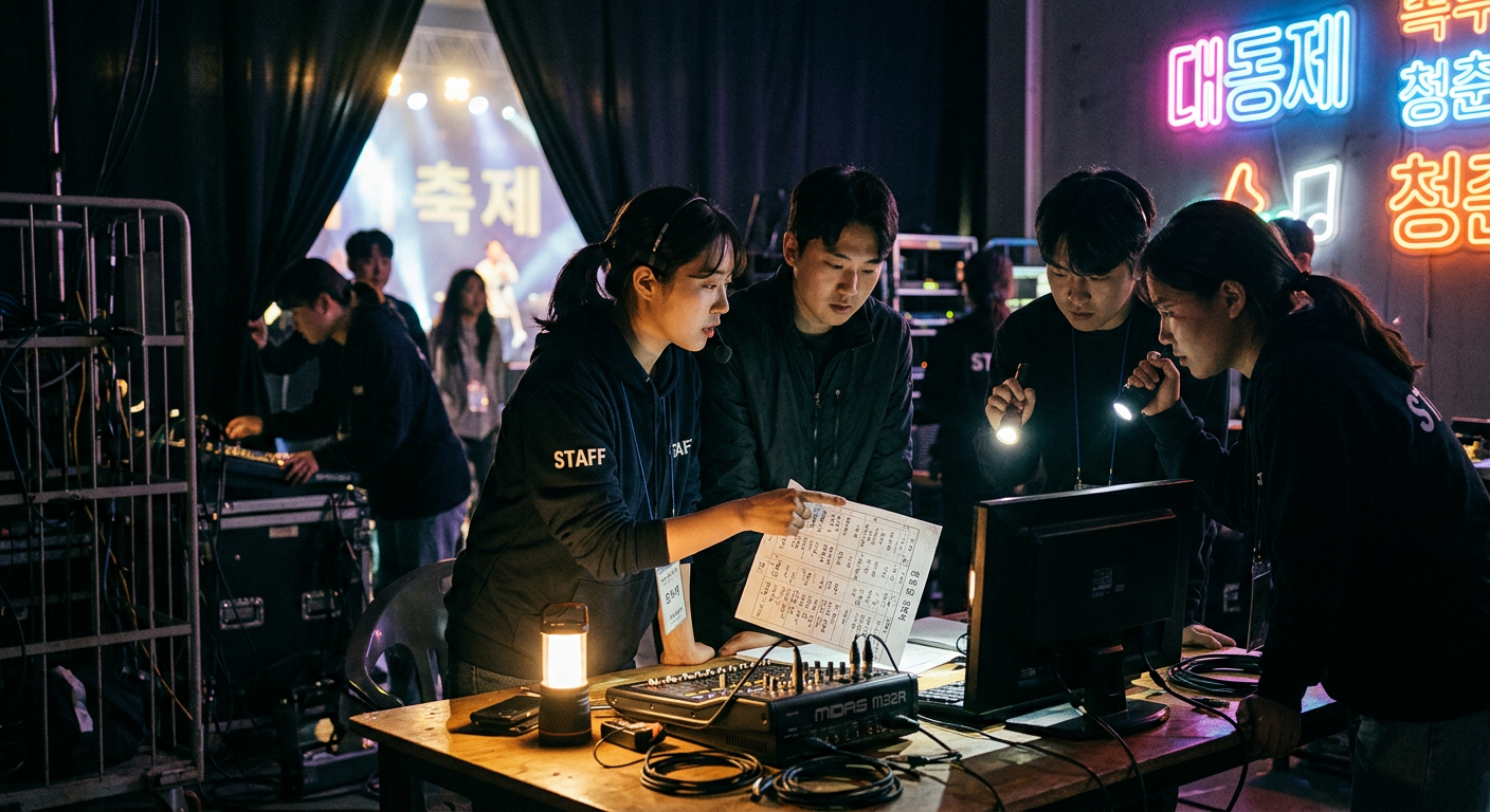 큐시트와 장비를 점검하는 대학축제 진행 준비 현장