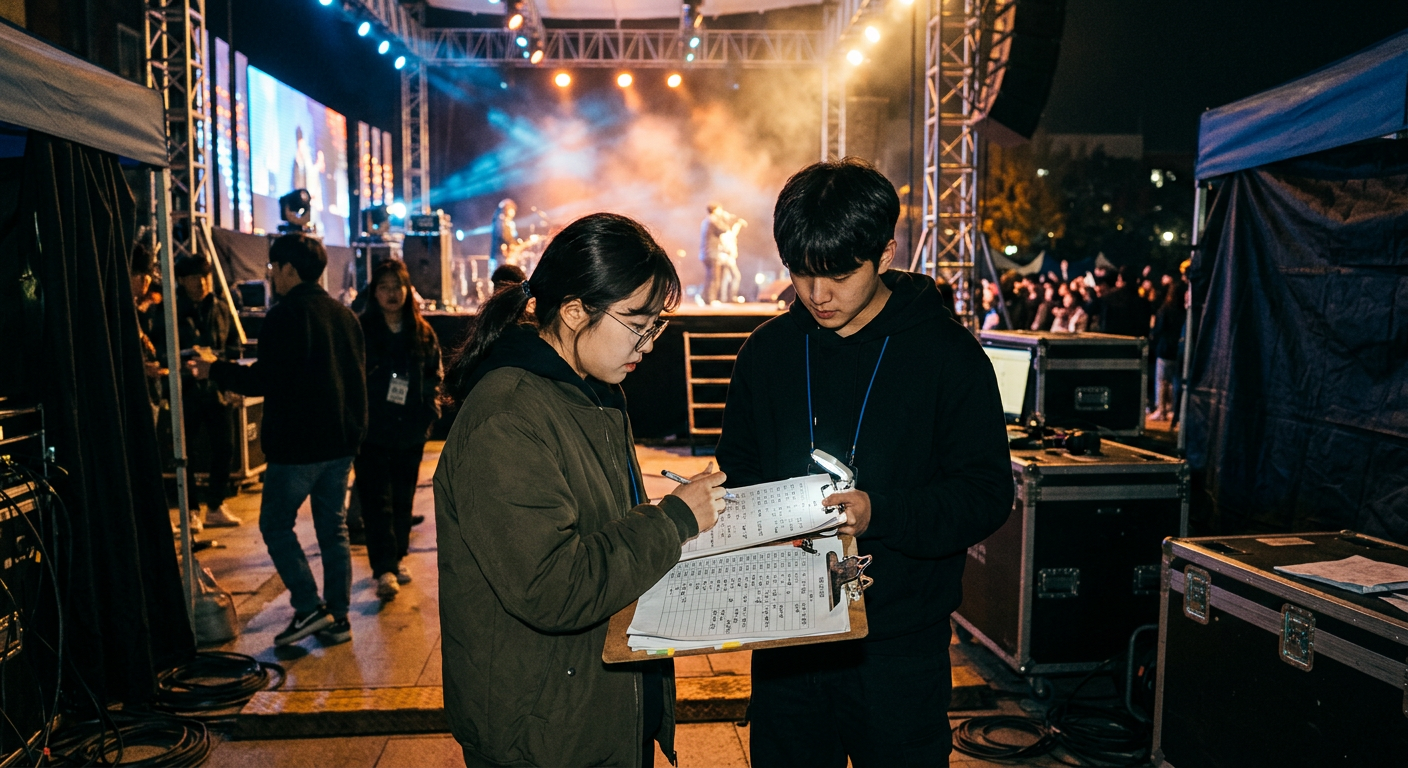 대학축제 큐시트를 점검하는 총학생회 운영진