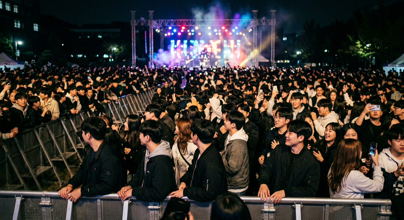대학교 가을축제 관객 동선과 야간 공연 분위기
