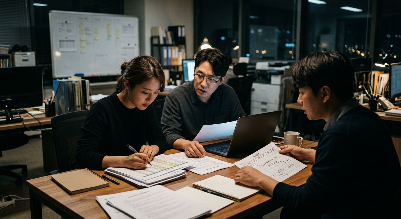 가수 섭외 에이전시가 행사 일정과 계약 조건을 검토하는 장면