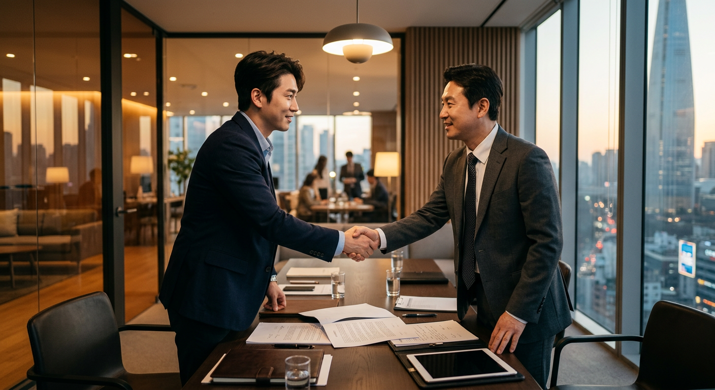 소속사 직계약 가수 섭외를 위한 계약 미팅 장면