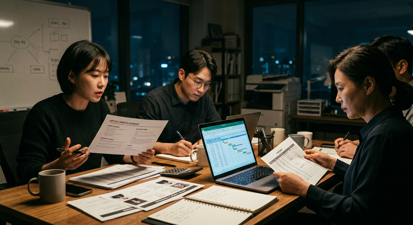 행사 일정과 가수 섭외 조건을 검토하는 에이전시 미팅 장면