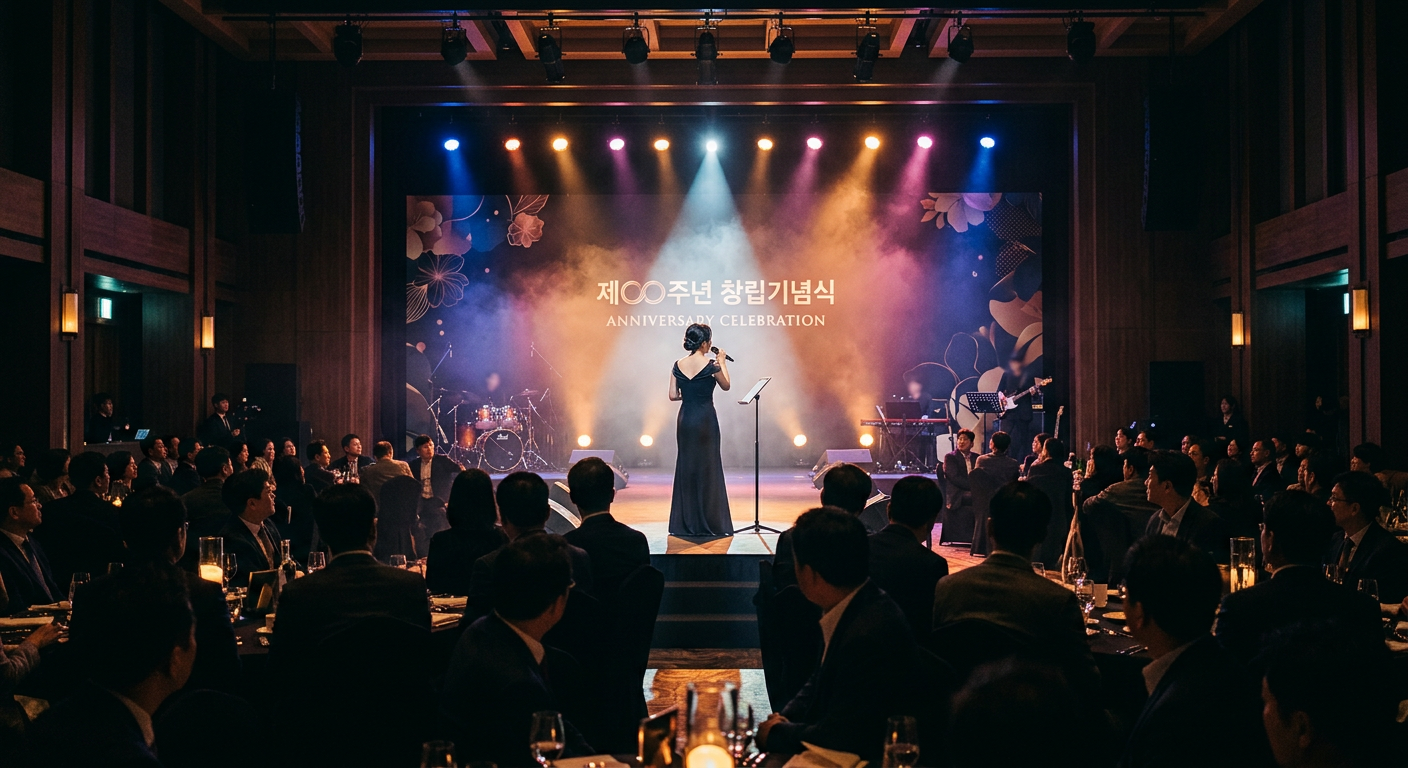 회사 창립기념일 축하공연 무대와 관객 분위기