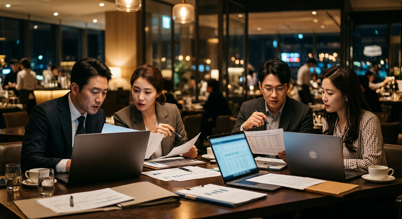 기업행사 견적과 계약 조건을 검토하는 대행사 미팅 장면