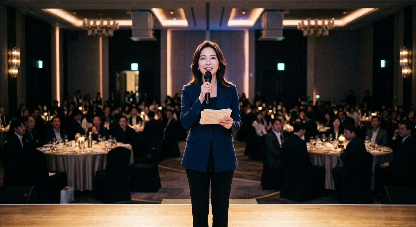 기업행사 무대에서 큐카드를 들고 진행하는 전문 MC
