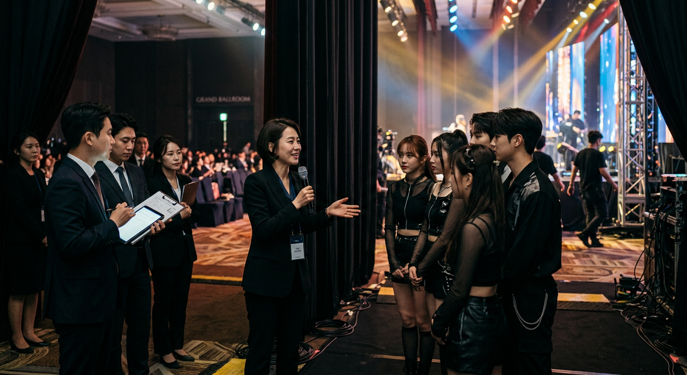 워크샵 공연 전 진행자와 출연팀이 사전 브리핑하는 모습