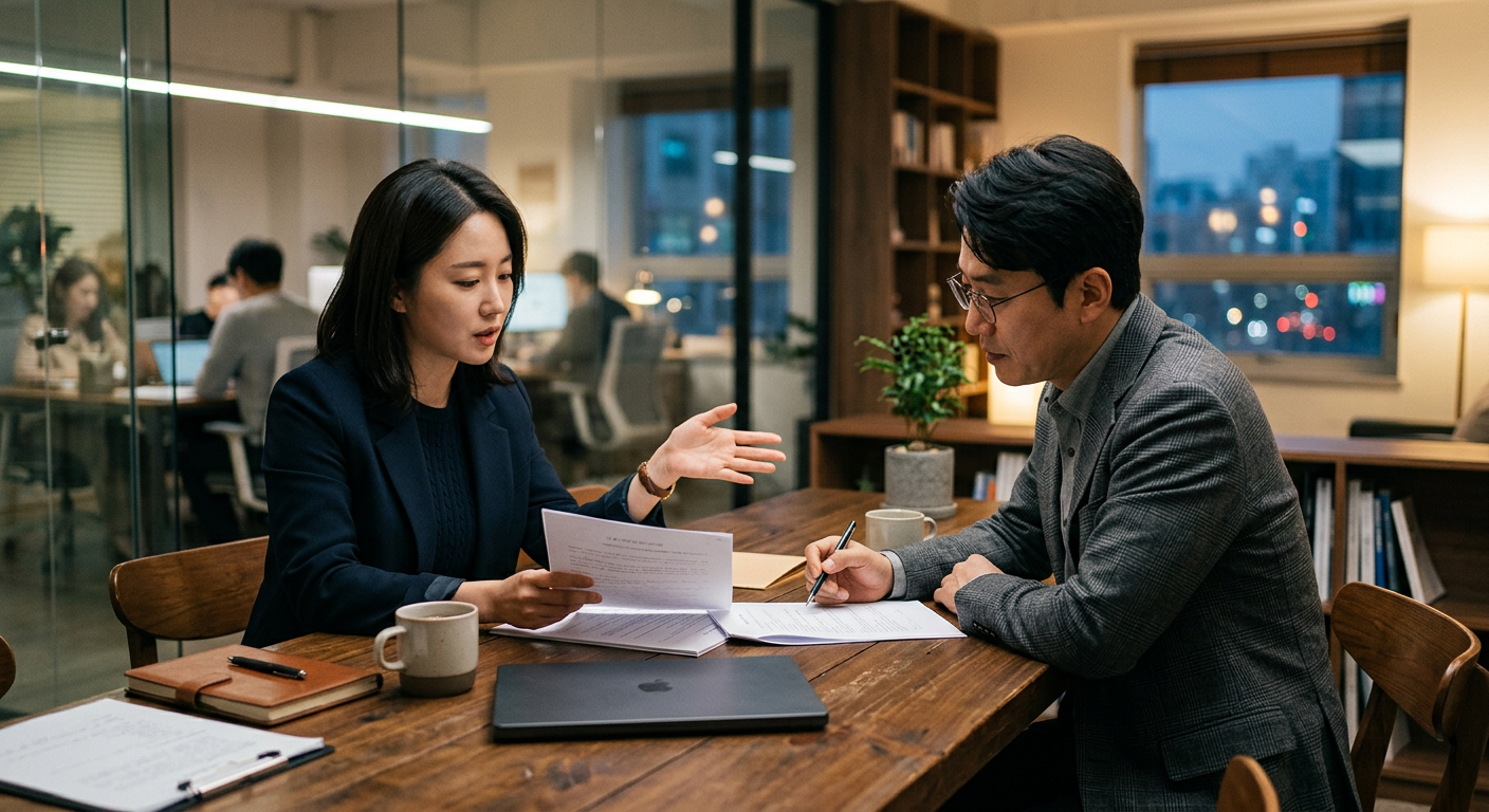 소속사 직계약 조건을 검토하는 기업행사 섭외 미팅