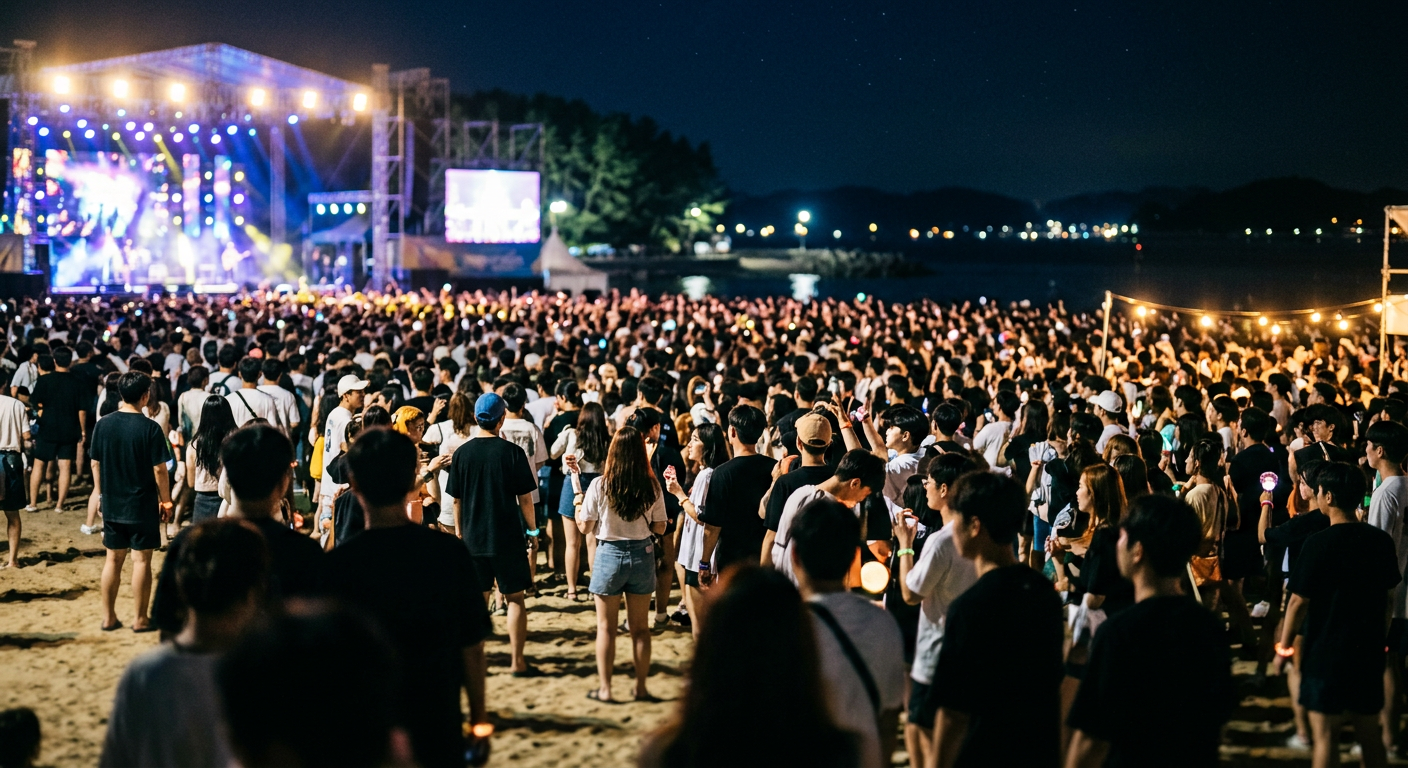 여름 해변축제 관객과 야간 콘서트 무대 분위기