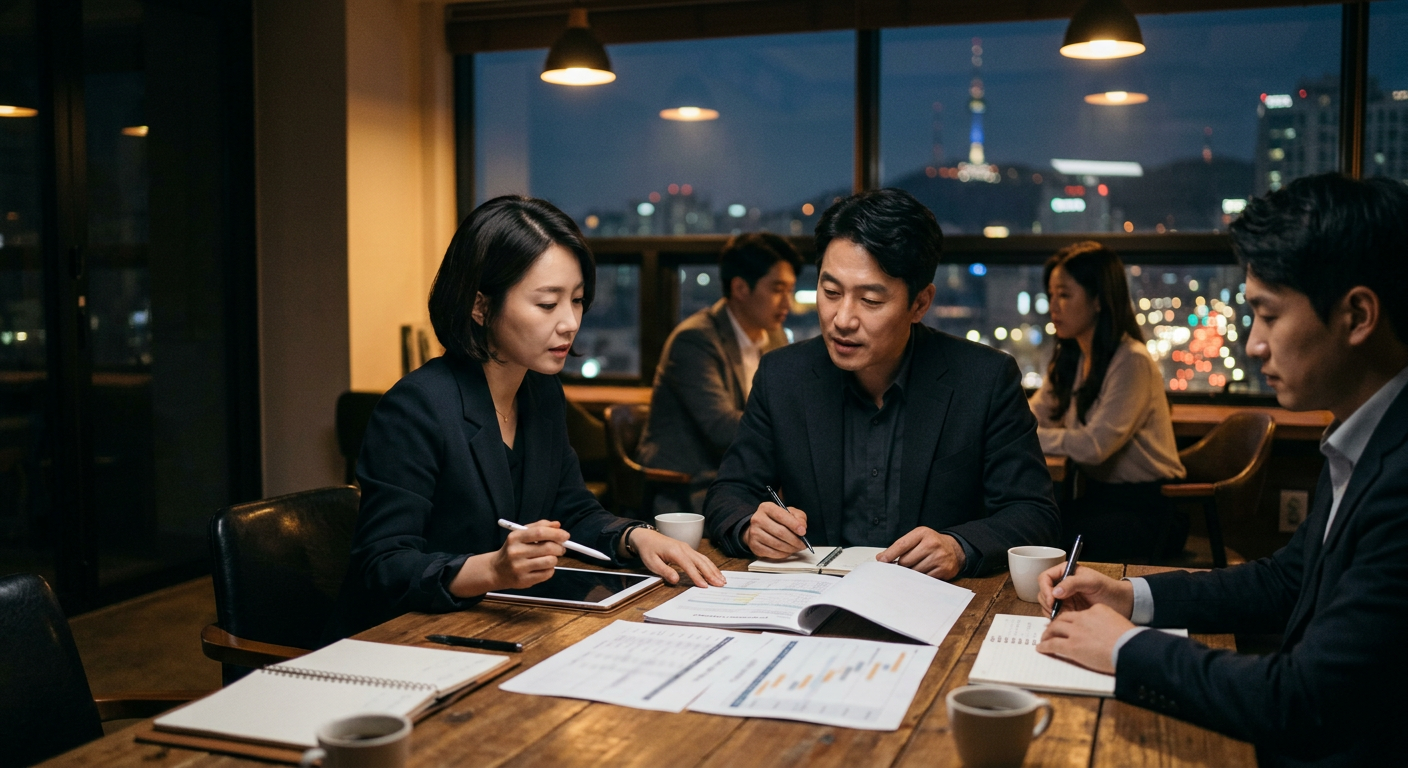힙합 가수 섭외 견적과 계약 조건을 검토하는 미팅
