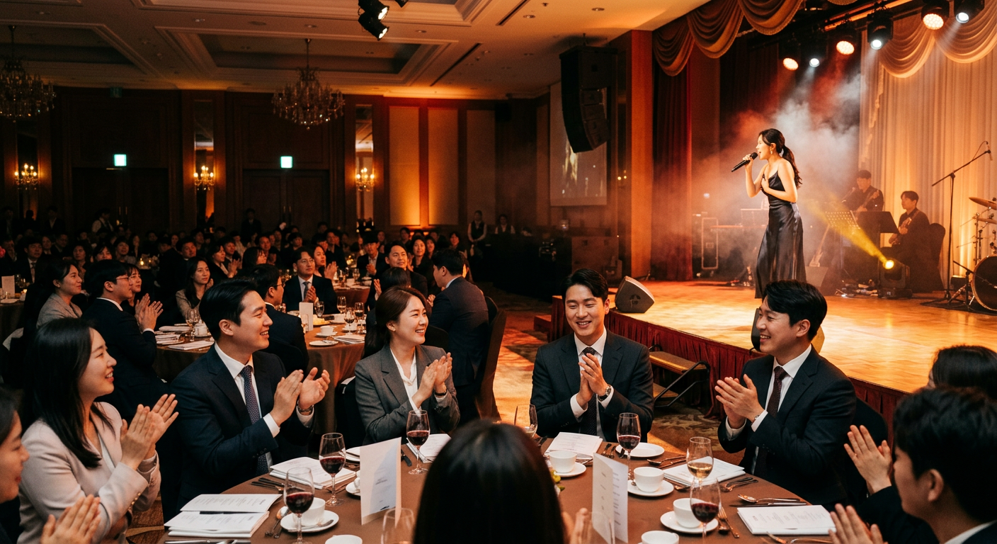 임직원이 함께 즐기는 회사 송년회 축하공연 장면