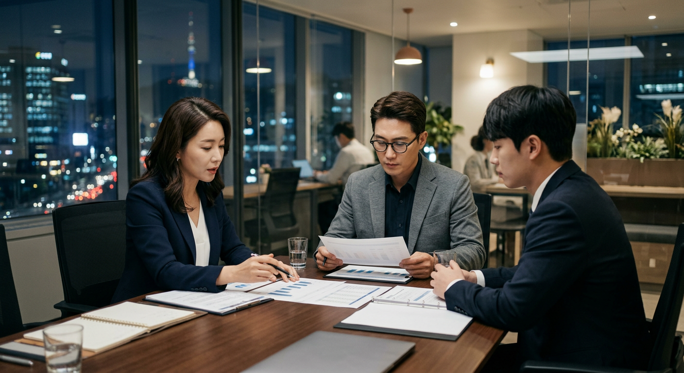 인디밴드 섭외 계약 조건을 검토하는 미팅 장면