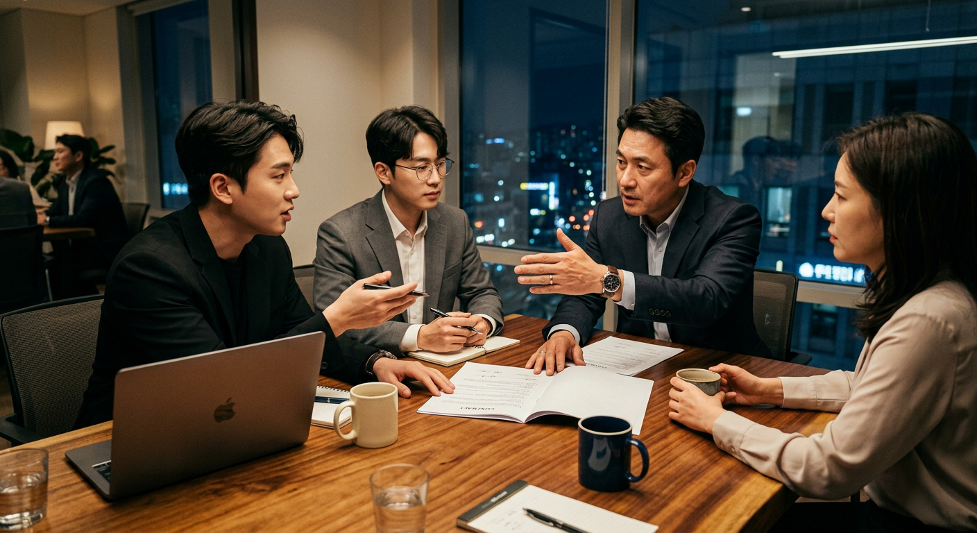 인디밴드 섭외 계약 조건을 검토하는 미팅 장면