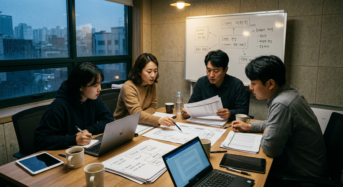 상인회와 지자체가 전통시장 공연 예산을 검토하는 회의