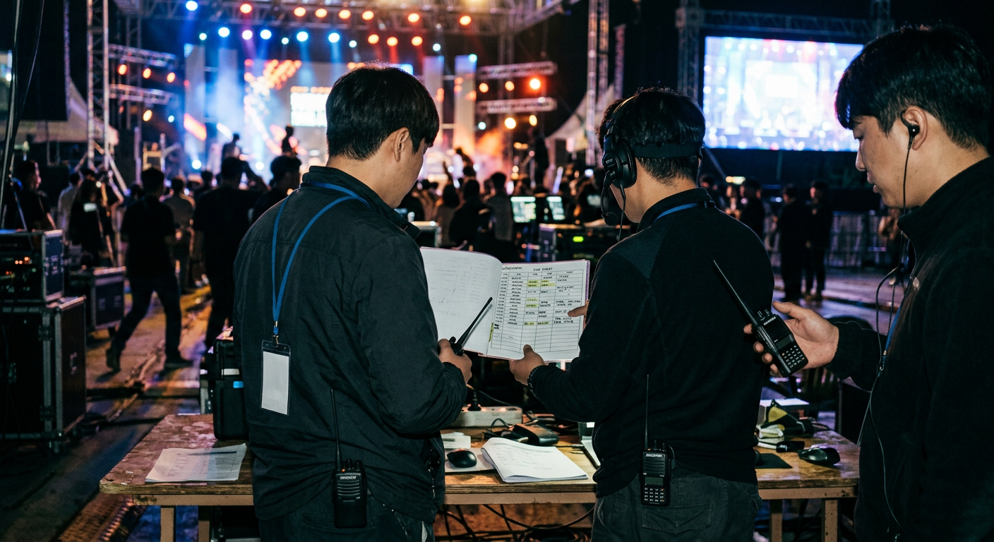 축제 공연 큐시트와 출연자 동선을 조율하는 백스테이지