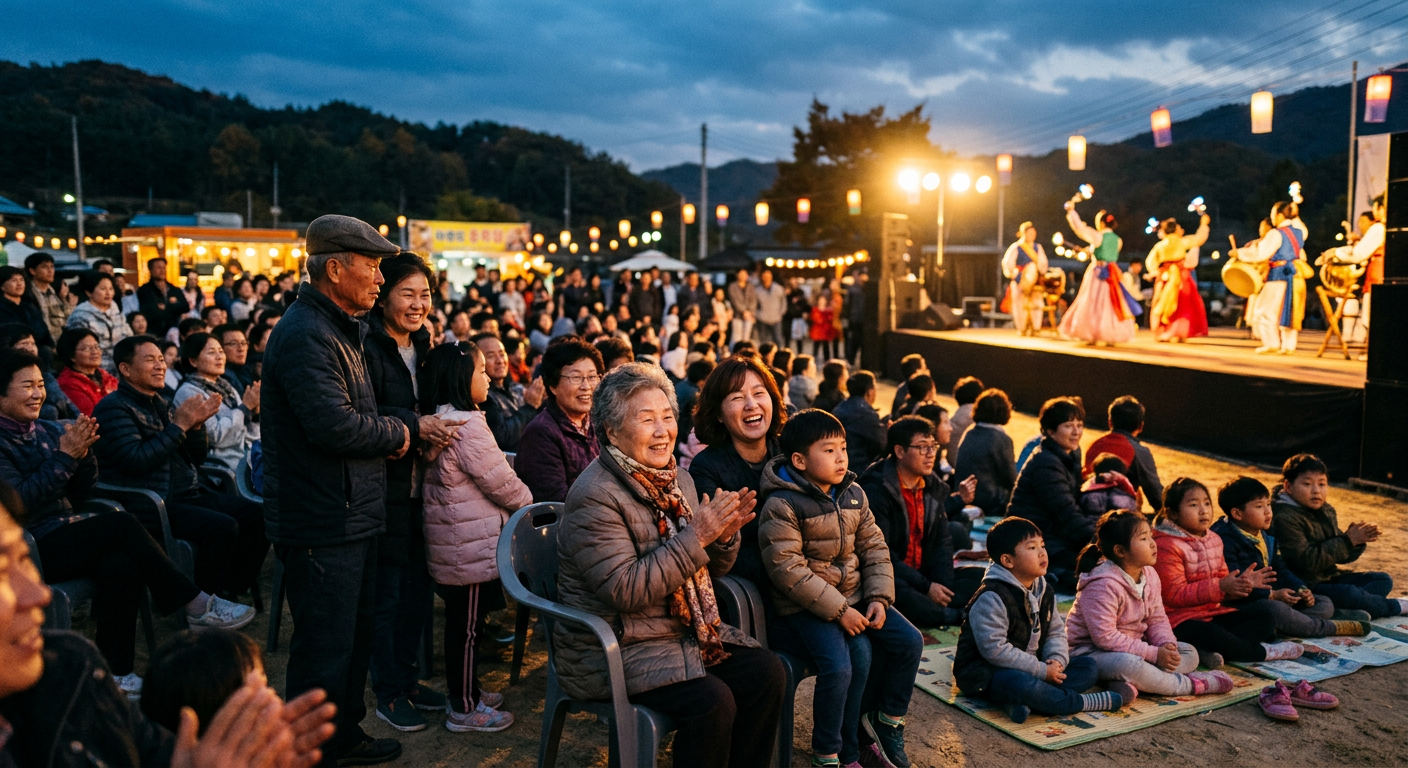 가족 관객이 함께 즐기는 지역 문화축제 공연 현장