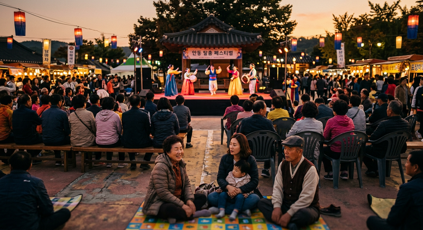 가족 관객이 함께 즐기는 지역 문화축제 공연 현장