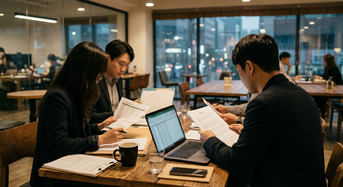 가수 섭외 계약 조건과 견적서를 검토하는 미팅 장면