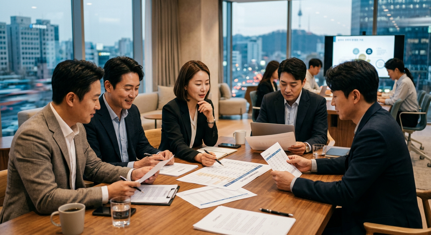 기업행사 담당자가 신년회 공연 계약 조건을 검토하는 장면
