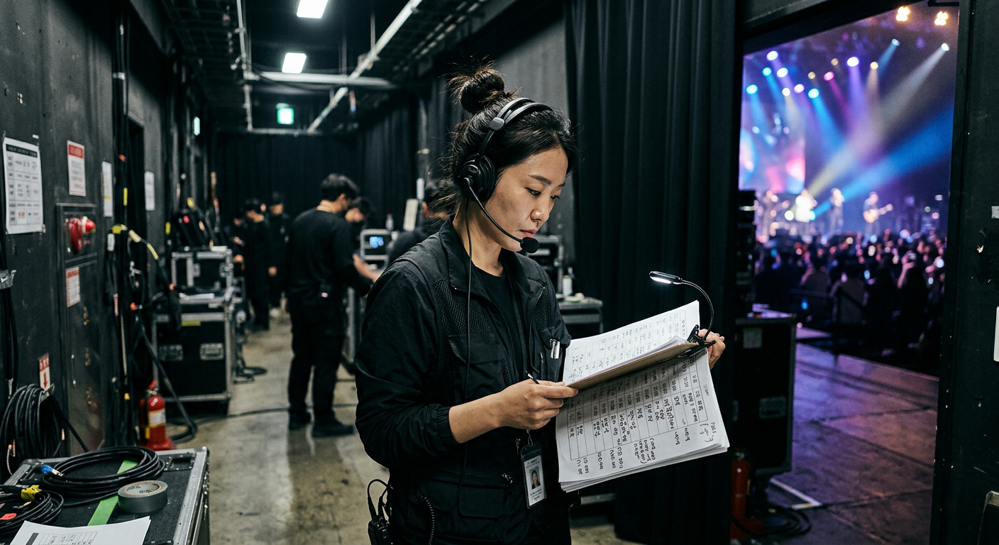 신년회 공연 큐시트와 출연자 동선을 확인하는 현장