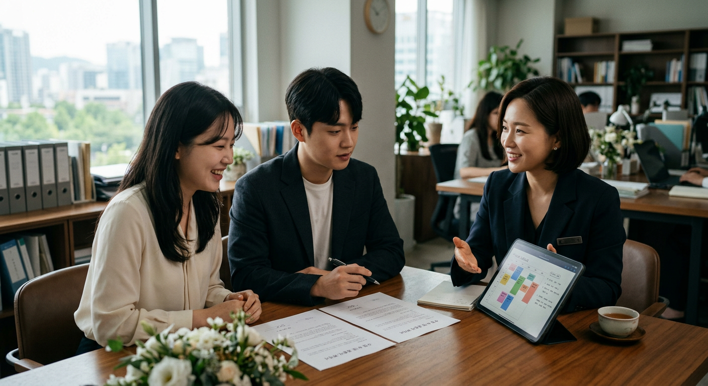 웨딩 가수 섭외 계약 조건을 조율하는 미팅 장면