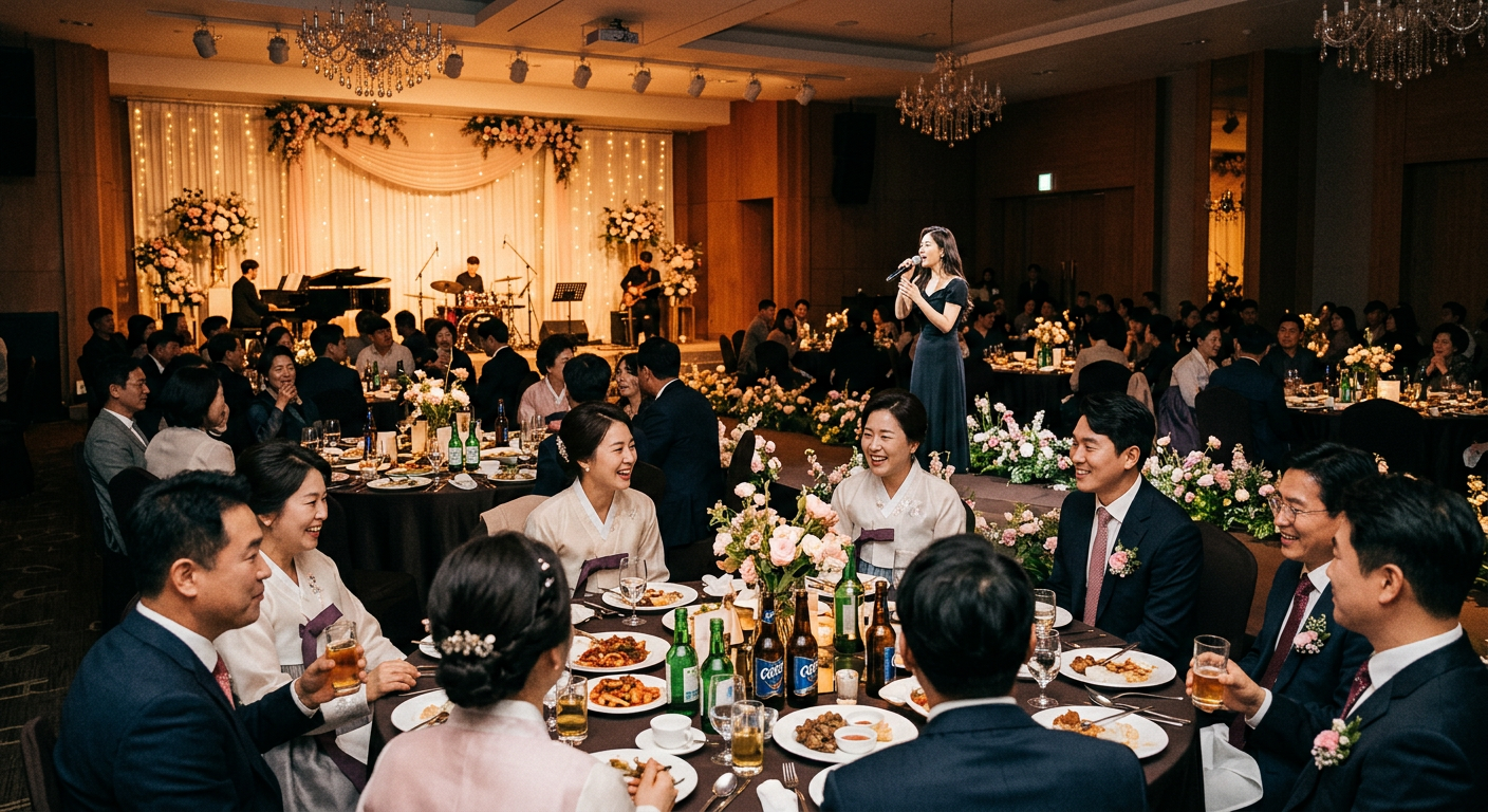 결혼식 2부 공연에서 라이브 가수가 노래하는 장면