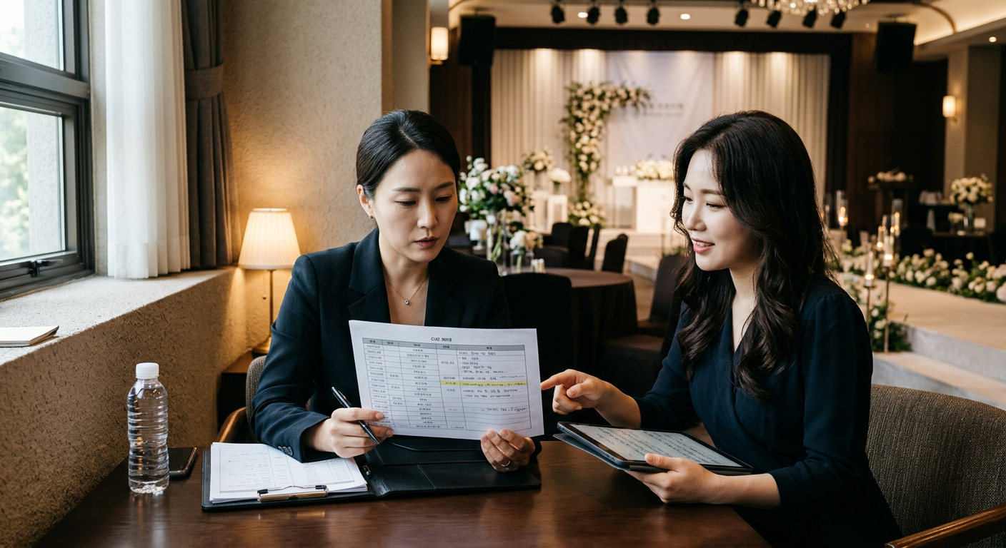 웨딩 공연 큐시트를 확인하는 섭외 매니저와 가수