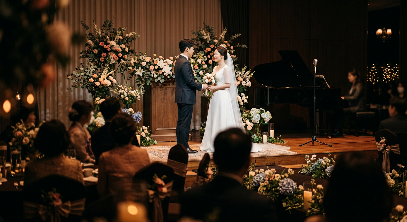 결혼식 축가 무대를 위한 마이크와 조명 세팅