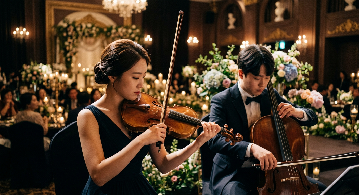 결혼식 현악 연주자 섭외 전 악기 세팅을 준비하는 장면