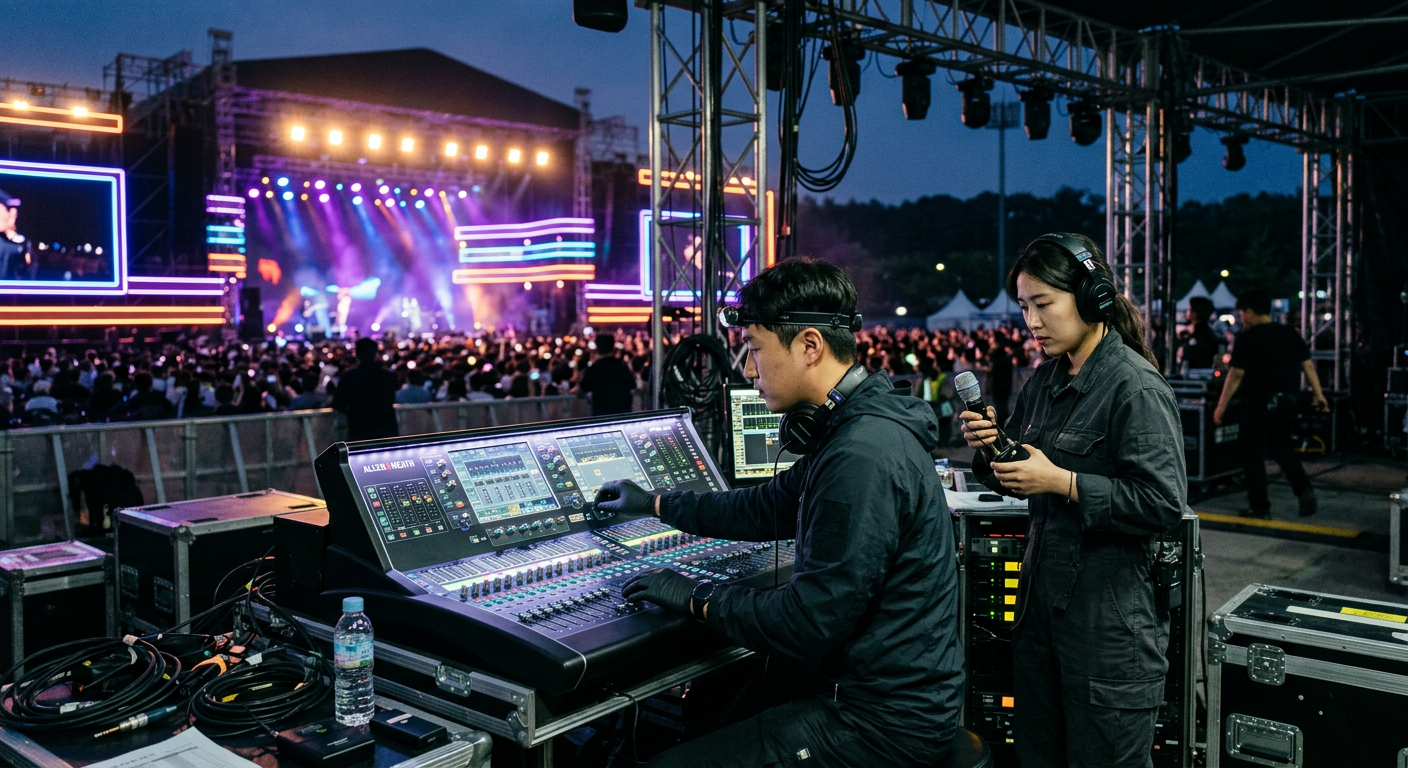 야외 콘서트 리허설 전 음향 엔지니어의 장비 점검