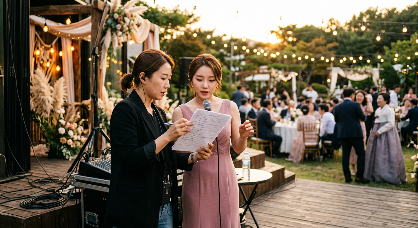 야외결혼식 가수 섭외 후 큐시트를 확인하는 현장