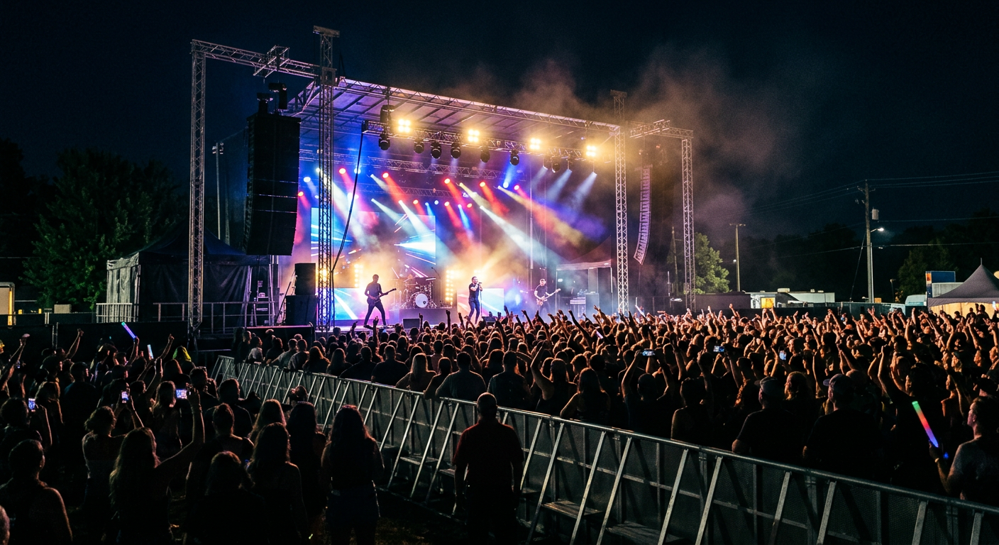지역축제 야외 콘서트 본공연의 조명과 음향 무대 전경